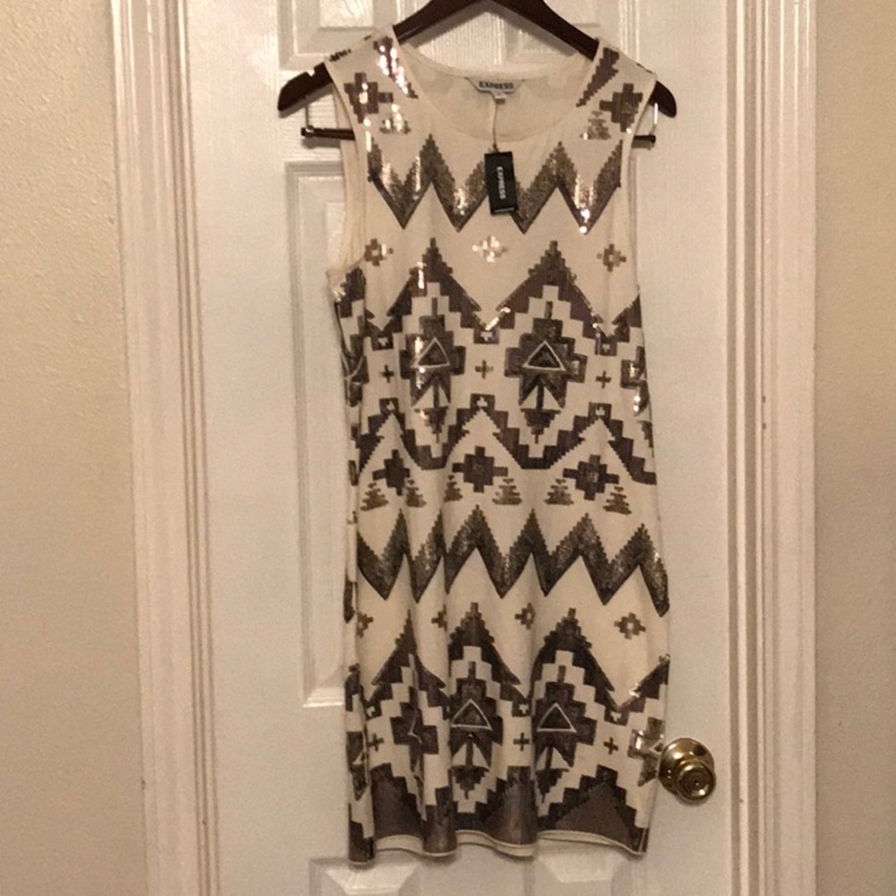 Express Sequin Off White Sleeveless Dress